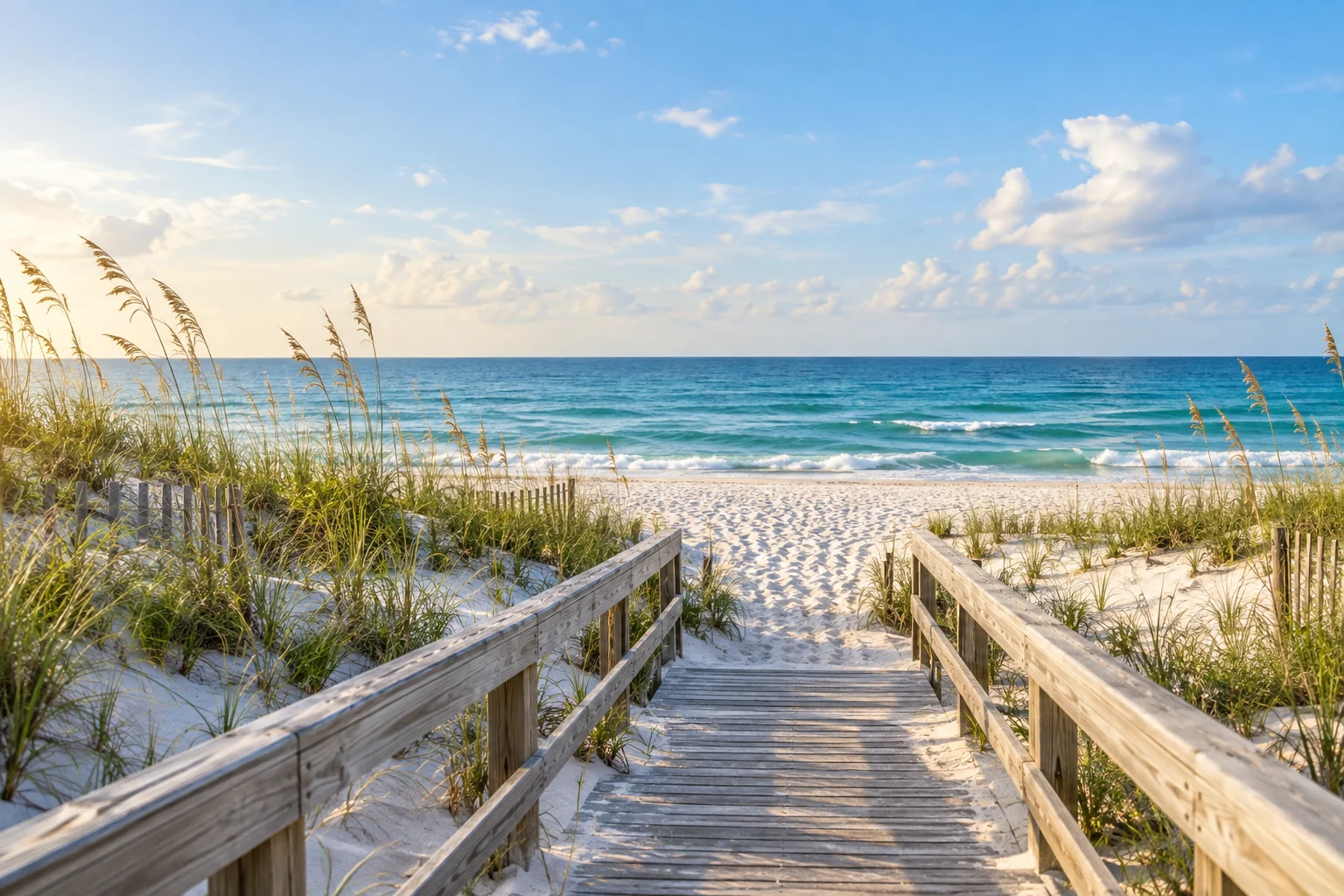 Illustrative Gulf Coast beach with white sand dunes and turquoise water
