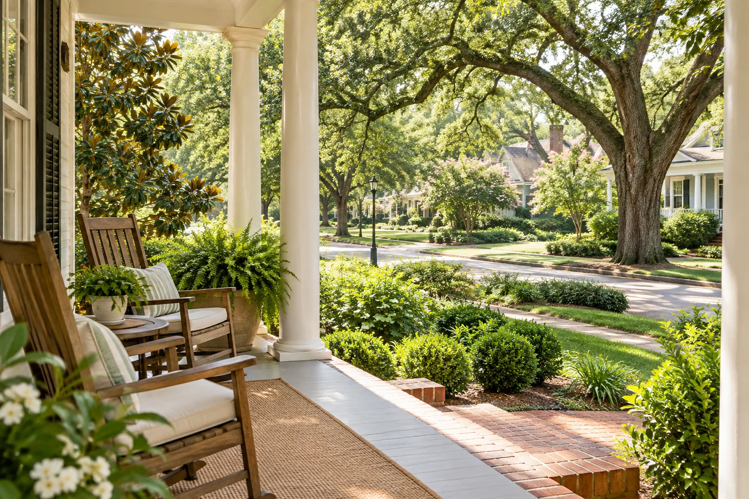 Illustrative Southern porch overlooking a leafy residential neighborhood